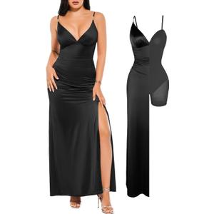 Popilush Women's Sexy Maxi Dress Deep V Neck Ruched Shapewear Dresses Side Slit Formal Cocktail Party Dress (Black, S)