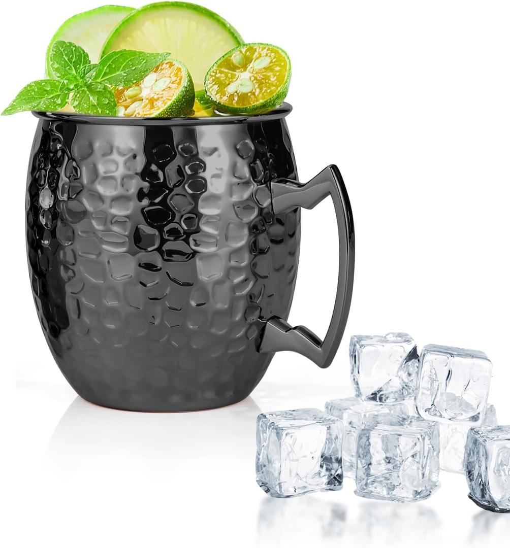 Moscow Mule Mugs, 16 OZ Black Hammered Mule Cup with 304 Stainless Steel Lining and Brass Handle, for Cold Drinks, Beer, Wine, Bars, Parties