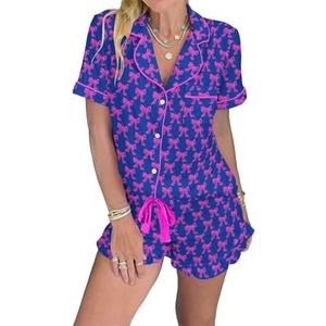 KevaMolly Womens Christmas Lounge Sets Candy Cane Print Pocketed Knotted PJ Set Short Sleeve Xmas Top and Shorts S