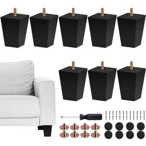 TURSTIN Set of 8 Furniture Legs 3 Inch Square Solid Wood Couch Legs Replacement Sofa Legs Mid Century Furniture Feet for Armchair Bed Dresser Cabinet Include Installation Hardware, Black