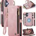Defencase for iPhone 16 Magnetic Wallet Case Compatible with Magsafe with RFID Blocking Zipper Pocket & Card Holder for Women Men PU Leather Strap Detachable Case for iPhone 16 (6.1 inch), Rose Pink
