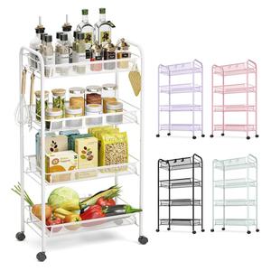 TOOLF 4-Tier Rolling Cart, Metal Utility Cart with 3 Hooks, Easy Assemble Mobile Storage Trolley On Wheels, Metal Shelving Units Kitchen Bathroom Laundry Room