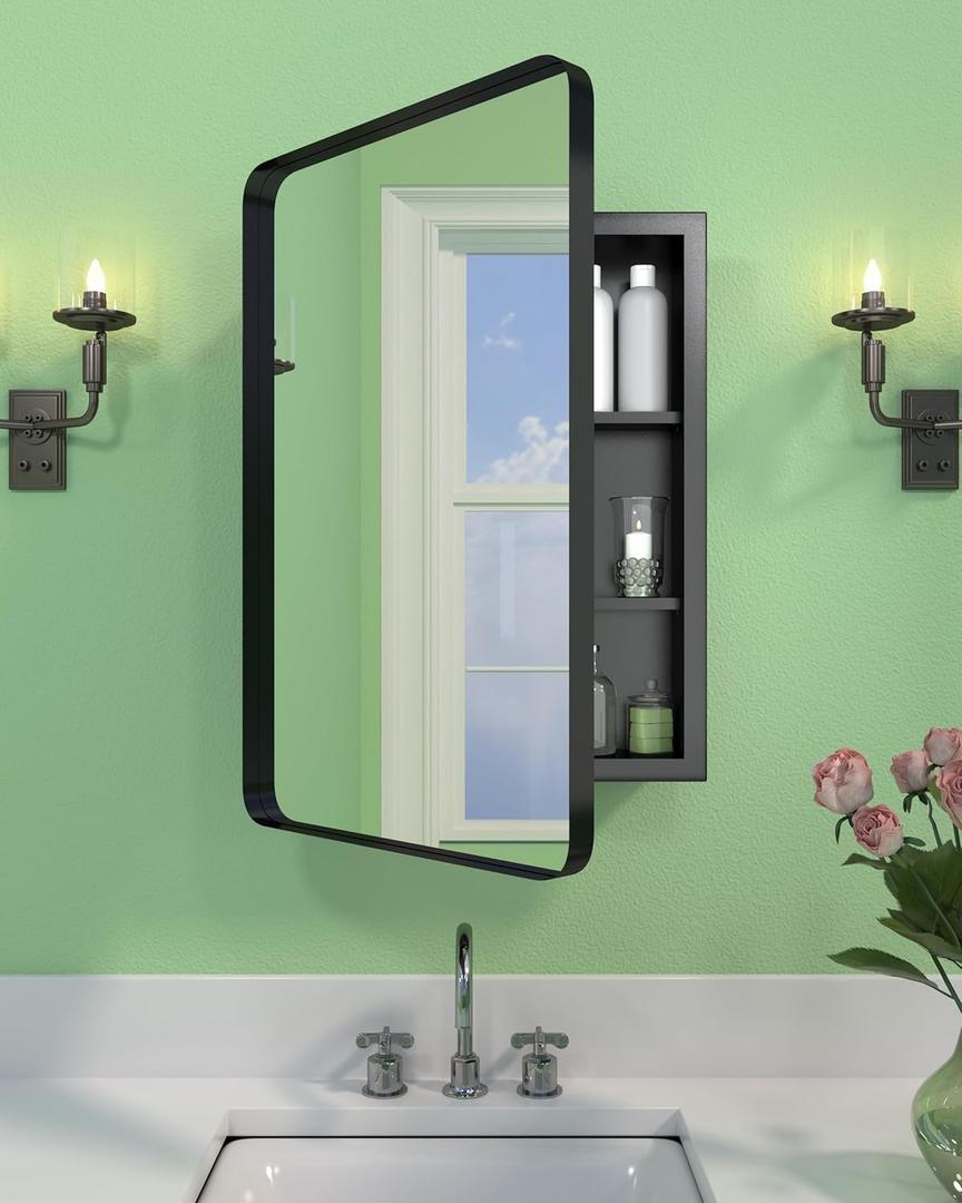 16"x24" Bathroom Medicine Cabinet with Mirror, Recessed and Surface Mount Medicine Cabinet Bathroom Mirror with Storage, Waterproof Black Metal, Stable and Removable 2 Metal Shelves, Easy Installation