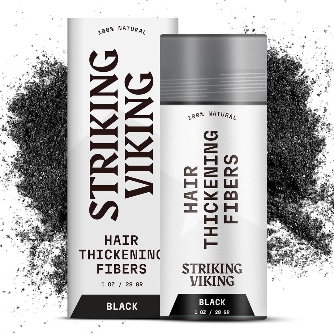 Striking Viking Hair Building Fibers for Thinning Hair (Black) 28g  Natural  Long-Lasting Powder for Undetectable, Thicker Look for Men & Women - Hair Fibers (1. Black)