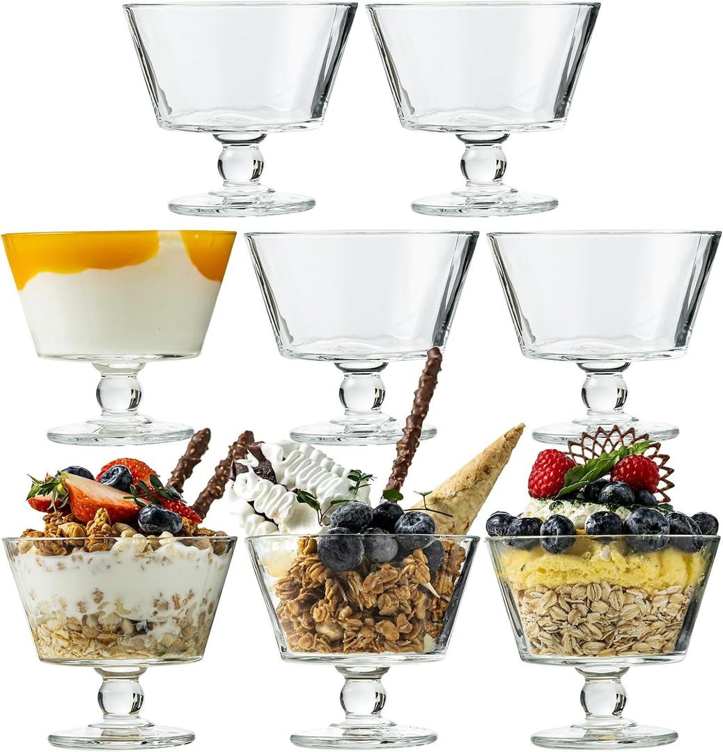 Vintage Glass Dessert Bowls, 9oz Clear Ice Cream Dessert Cups, Footed Ice Cream Bowls Glass for Sundaes, Yogurt, Breakfast, Oats, Sorbet, Ice Cream, Cocktail, Condiment, Trifle (8)