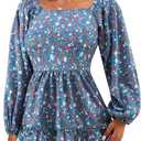 Womens Square Neck Floral Long Sleeve Tops Casual Loose Puff Sleeve Boho Work Blouse T Shirts (Small, C1000)