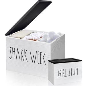 Tampon Holder for Bathroom, Pad And Tampon Organizer with Tray Lid, Wood Feminine Product Organizer Shark Week Tampon Storage, Bathroom Accessories Small Storage Box - White