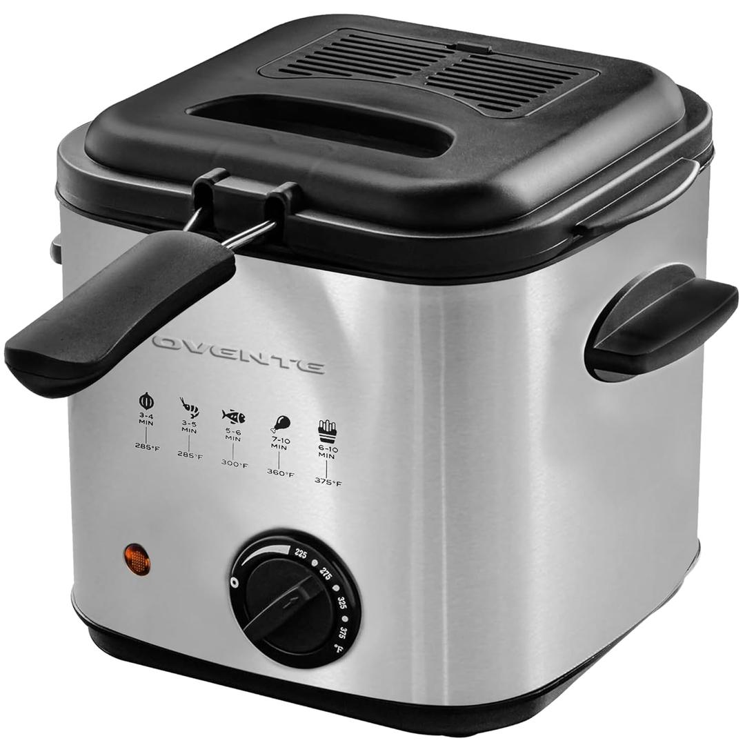 OVENTE 1.5L Electric Deep Fryer with Viewing Lid, Adjustable Temperature, Removable Basket, Cool-Touch Handle, 800W Stainless Steel, Easy to Clean, Silver FDM1501BR
