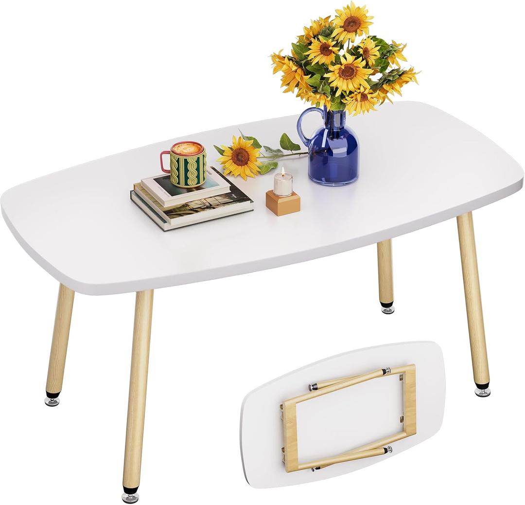 WOHOMO Folding Coffee Table 39.3'' White Coffee Tables for Living Room Portable Simple Modern Rectangular Center Table for Small Spaces, No Assembly, White, 39.3IN