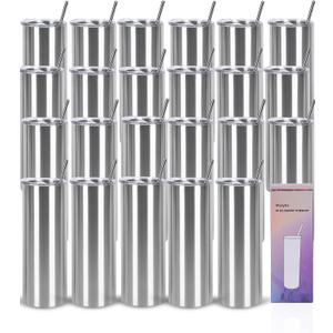 24 Pack 20 Oz Stainless Steel Straight Tumblers, Insulated Slim Skinny Travel Cup Set, BPA-Free Lids and Straws Included, Silver