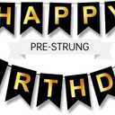 Happy Birthday Banner,Pre-Strung Black and Gold Party Decorations16ft Pre-Strung Hanging Sign for Kids, Girls, Boys, Women  No DIY, Backdrop Supplies