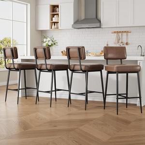 GarveeHome Bar Stools Set of 2, 26" Brown Faux Leather Counter Height Bar Stools with Backs, Modern Upholstered Barstool Chairs with Metal Legs for Kitchen Island, Home Bar, Dining Room