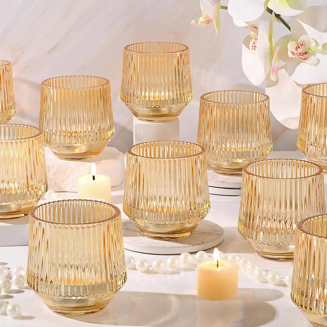 12 Pcs Large Gold Votive Candle Holders- 3.15"3.15" Ribbed Gold Votives for Wedding Table Decor, Candle Centerpieces for Rehearsal Dinner, Engagement, Birthday Party Decorations