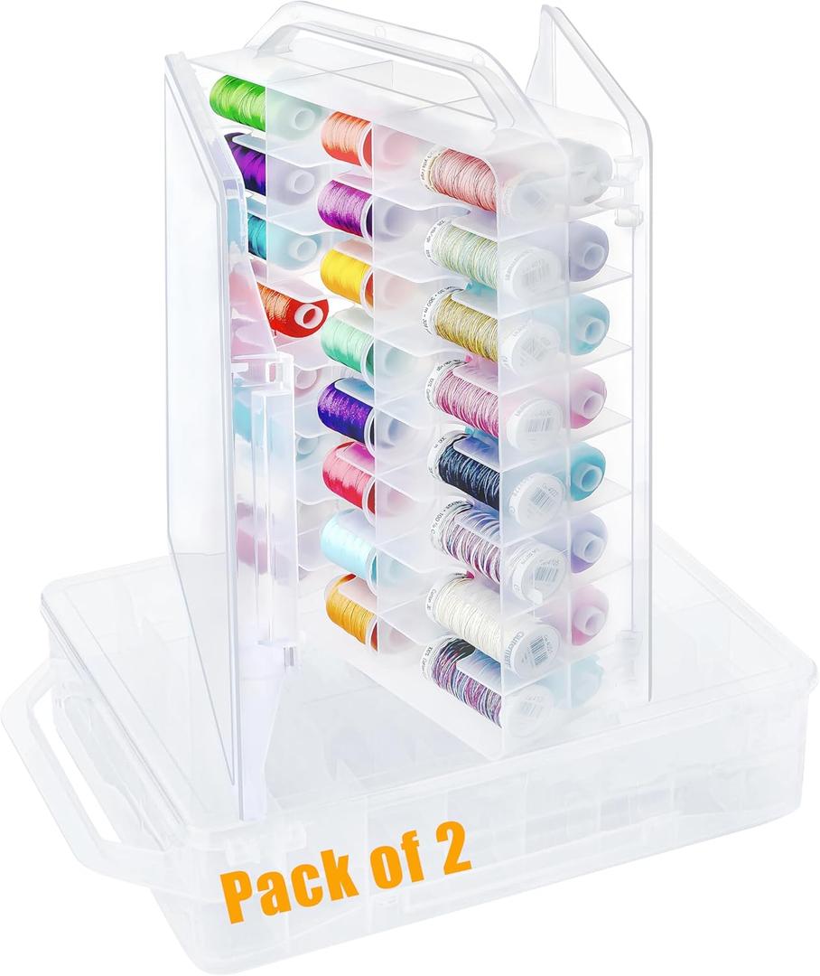 New brothread Pack of 2 Double-Sided Sewing Organizers, Thread Storage Boxes with 2x46 Grids, Clear Organizer Boxes for Embroidery Sewing Thread, Embroidery Floss, Needle, Beads, Small Crafts,Toy Cars (2x46 (Dividers Fixed))