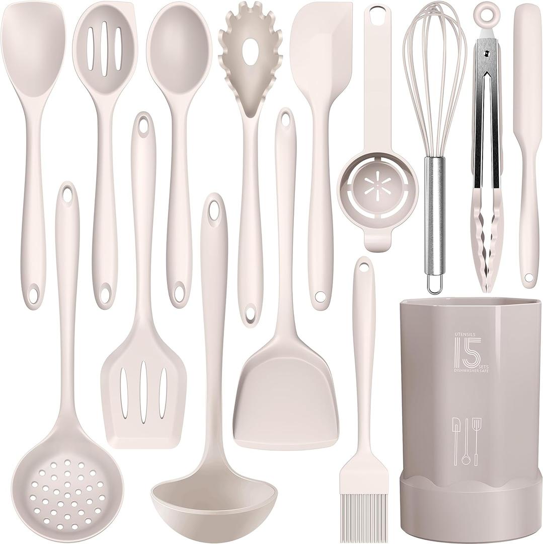 Silicone Cooking Utensils Set - 446F Heat Resistant Kitchen Utensils,Turner Tongs,Spatula,Spoon,Brush,Whisk,Kitchen Utensil Gadgets Tools Set for Nonstick Cookware,Dishwasher Safe (BPA Free) (Khaki)