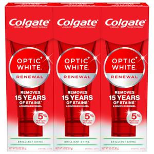 Colgate Optic White Renewal Teeth Whitening Toothpaste, Whitening Fluoride Toothpaste, Effectively Removes Tea, Coffee, Stains, Made with Hydrogen Peroxide, Brilliant Shine, 3 Pack, 3.0 oz