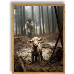 Framed Christians decor Jesus and Lamb Canvas Wall Art Jesus Running After Lost Lamb Picture Canvas Print Decor Christian wall art 14X18 Inches A-334
