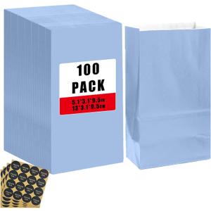 Bakepacker 100 Pcs Light Blue Treat Paper Bags with 100 Stickers 5.1"x3.1"x9.4" Small Party Gift Bag Snack Bag without Handle