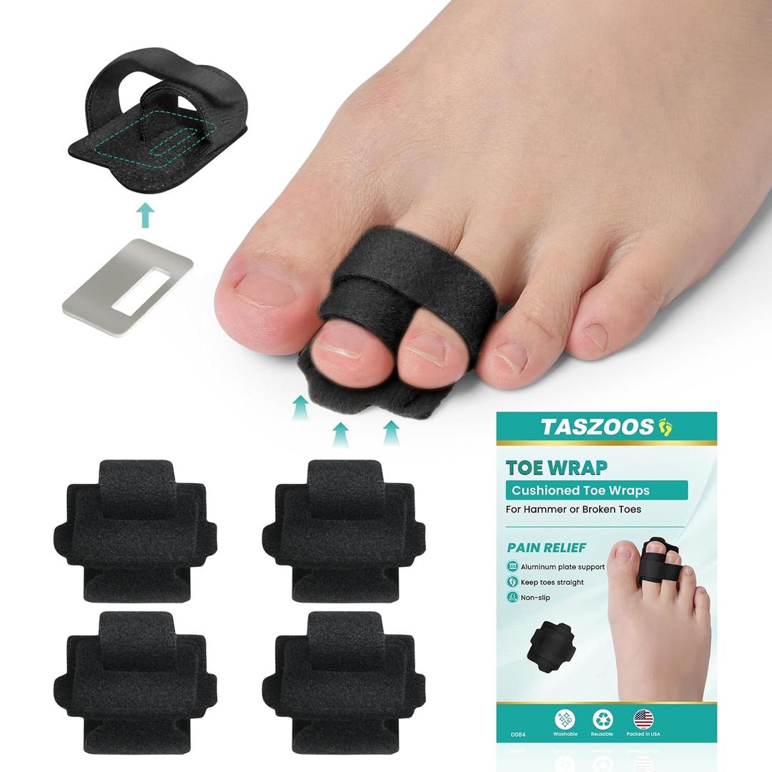 TASZOOS Hammer Toe Straightener Corrector for Women & Men - 4 Pcs Broken Toe Wraps Splint Relief for Curled, Hammer, Crooked, Broken Support (Black) (One Size)