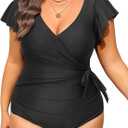 Tempt Me Women's Plus Size One Piece Swimsuits - Tummy Control Bathing Suits 2025 Ruffle Swimwear (Black) 20W