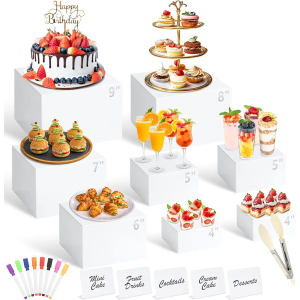 8 Pcs White Buffet Risers with Mini Table Sign, Serving Tongs, Acrylic Food Risers for Buffet Table Display Stand Shelf for Party Catering Dessert Jewelry Collectibles (Size 9" 8" 7" 6" 5" 5" 4" 4")