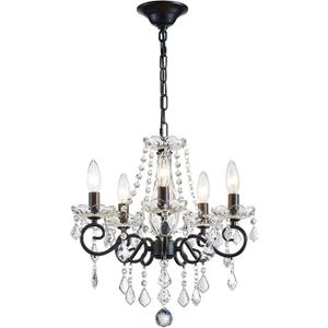 ANJIADENGSHI Small Crystal Chandelier, Modern Black Chandelier Dining Room Light Fixture, Mini Crystal Pendant Light for Bedroom Ceiling Light Fixture for Living Room Entryway Kitchen Island Hallway (16.5" High 17" Wide)