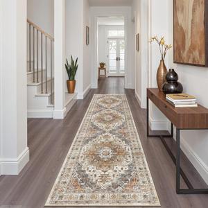 Madane Runner Rug 2x8, Washable Hallway Runner Rugs, Non-Slip Low-Pile Soft Kitchen Rug Runner Laundry Room Rug, Vintage Throw Entry Foyer Mat for Entrance Living Room (Turmeric/Grey, 2 x 8)