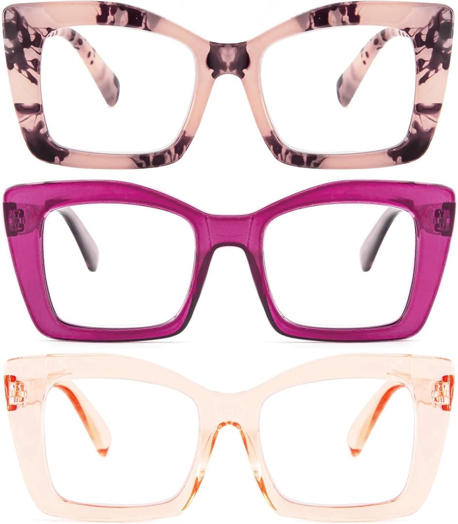 REAVEE Oversized Square Reading Glasses for Women, Blue Light Blocking Large Frame Computer Readers Spring Hinge,  Pink Leopard/Purple/Tea 1.25x