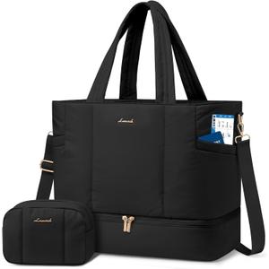 LOVEVOOK Travel Duffle Bag, Puffer Weekender Bags for Women with Shoe Compartment, Carry On Overnight Hospital Bag, Gym Tote (58L-Extra Large, Black)