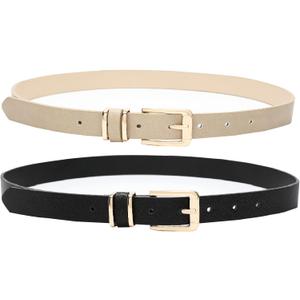 Earnda Women's Skinny Waist Belts for Jeans Dress, PU Leather Pin Buckle Thin Belt 2 Pack (Black&beige)
