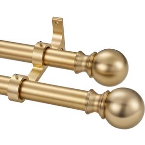Double Window Curtain Rods, 1Inch Back and Front Rod, 72-144 Adjustable Length, With Same Size Round Finials Dual Curtain Rod, Warm Gold