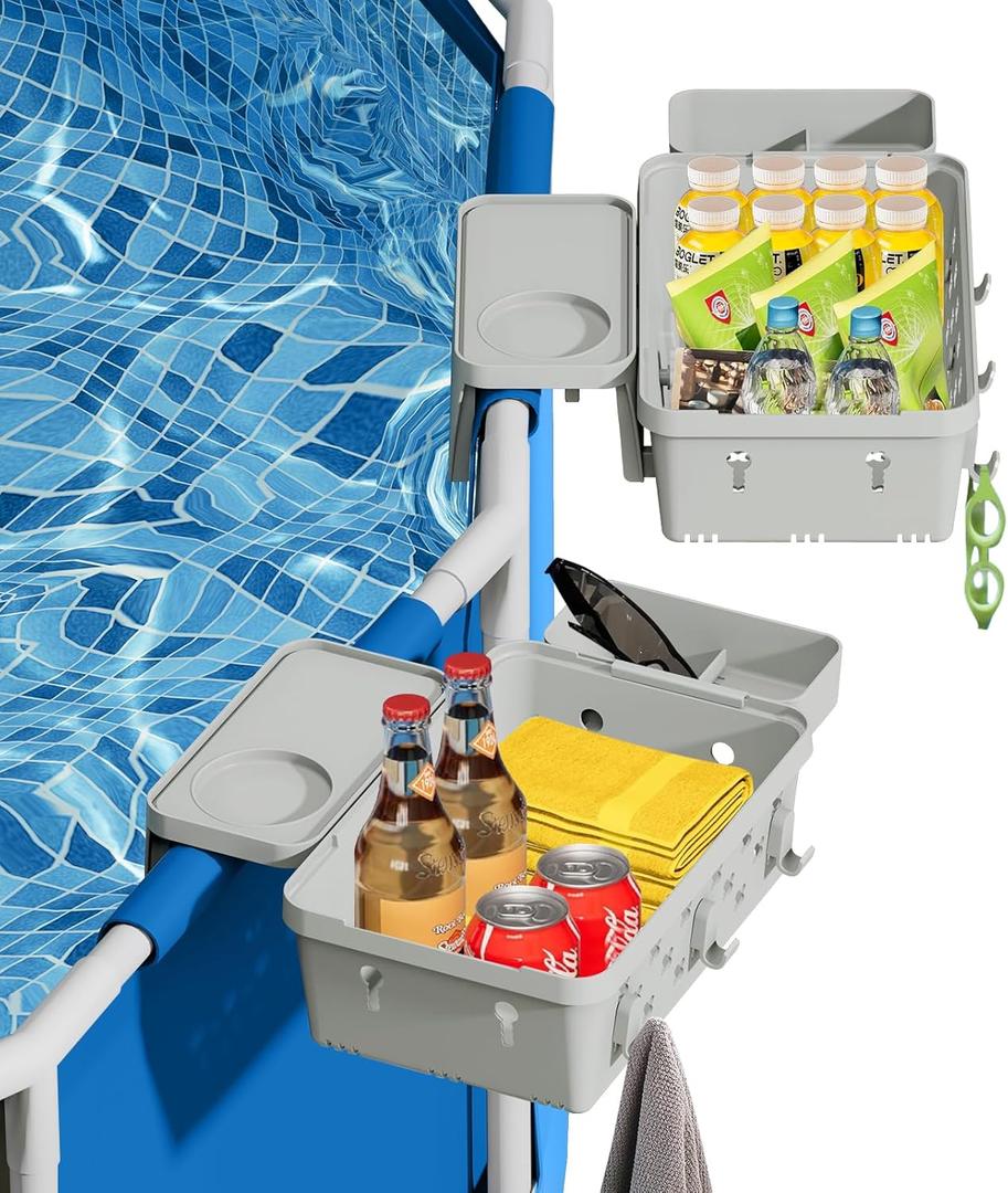 2 Pack Ground Pool Basket with Pool Cup Holder - XL Pool Side Storage Basket for Drinks and Gear, Fits 3" Rails, Intex/Bestway Pool Accessories Compatible Pool Essentials (2, Gray)