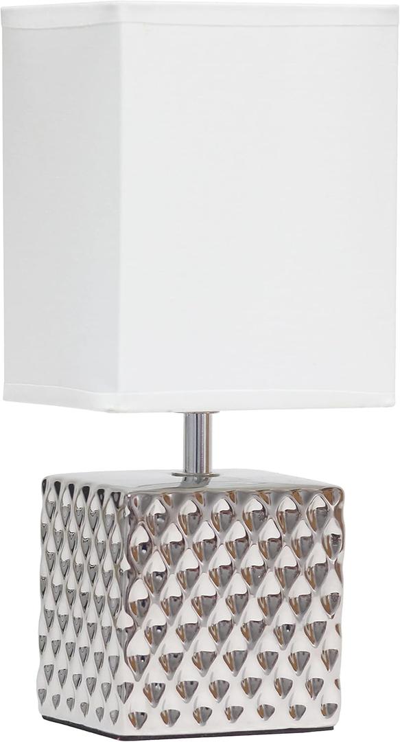 Simple Designs LT1131-CHR 11.81" Tall Contemporary Petite Hammered Metallic Chrome Square Bedside Table Desk Lamp w Rectangular White Fabric Shade for Decor, Bedroom, Living Room, Entryway, Office