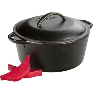 Lodge L8DOL3HH41PLT Cast Iron Dutch Oven with Handle Holders, 5 quart, Black/Red