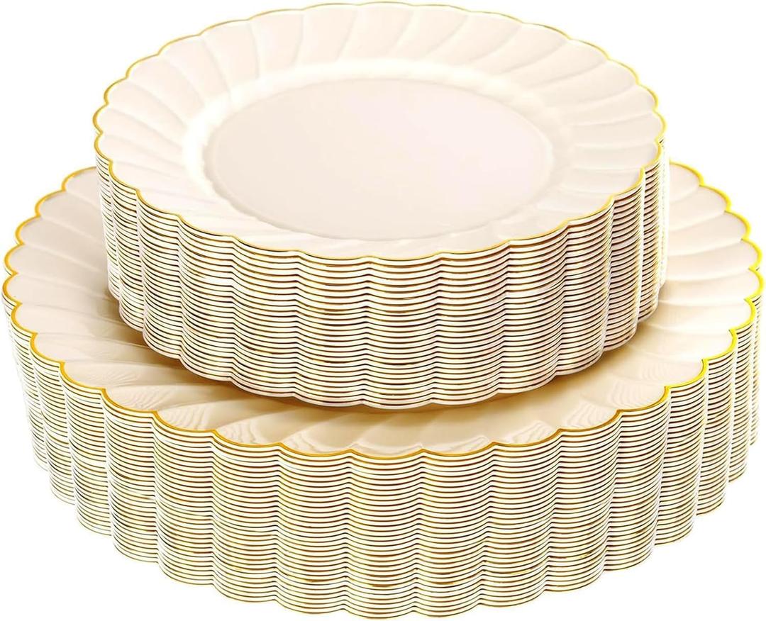 YOUBET 60PCS Ivory Scalloped Plastic Plates - Hard Craem and Gold Fancy Disposable Plates include 30 Gold Dinner Plate, 30 Dessert Plate for Party, Wedding