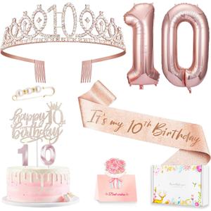 10th Birthday Decorations for Girl, 10th Birthday Sash and Crown, Cake Topper, Number Candles and Balloons, 10 Year Old Gifts for Girls