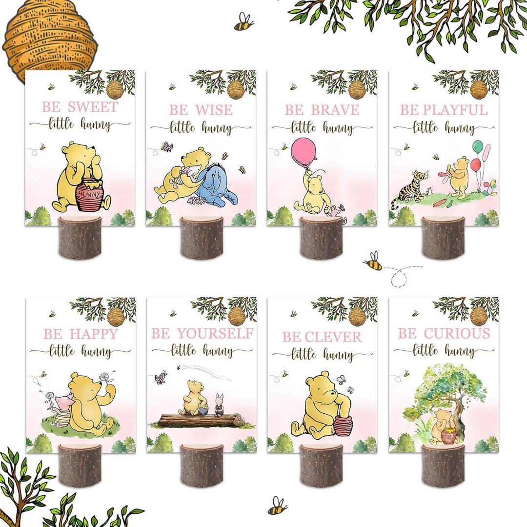 13Pcs Vintage Pooh Bear Baby Shower Centerpieces and Wooden Stands, Pink Classic Bear Party for Table Decorations, Double Side Oh Baby The Pooh Theme Party Supplies Decorations for Baby Girl