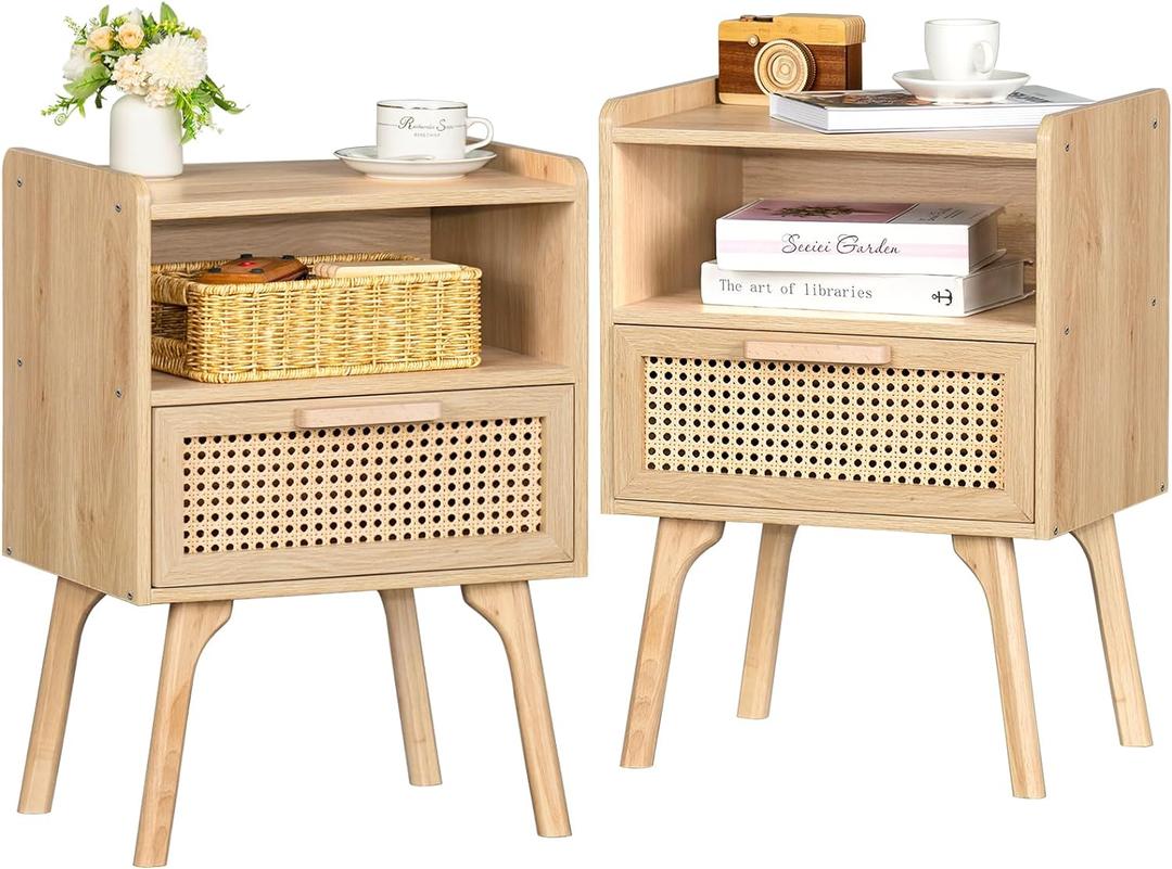 Lerliuo Rattan Nightstands Set of 2, Boho Side Table with Drawer Open Shelf, Cane Accent Bedside End Table with Solid Wood Legs for Bedroom, Dorm and Small Spaces (Natural) (2 pack)