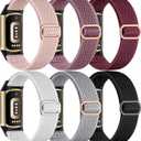 Maledan 6 Pack Stretchy Solo Loop Compatible with Fitbit Charge 5 Bands/Fitbit Charge 6 Bands for Women Men, Soft Nylon Adjustable Sport Elastic Wristbands Replacement Strap for Fitbit Charge 5/6 (Black/Rose Pink/White/Light Gray/Wine Red/Smokey Mauve)