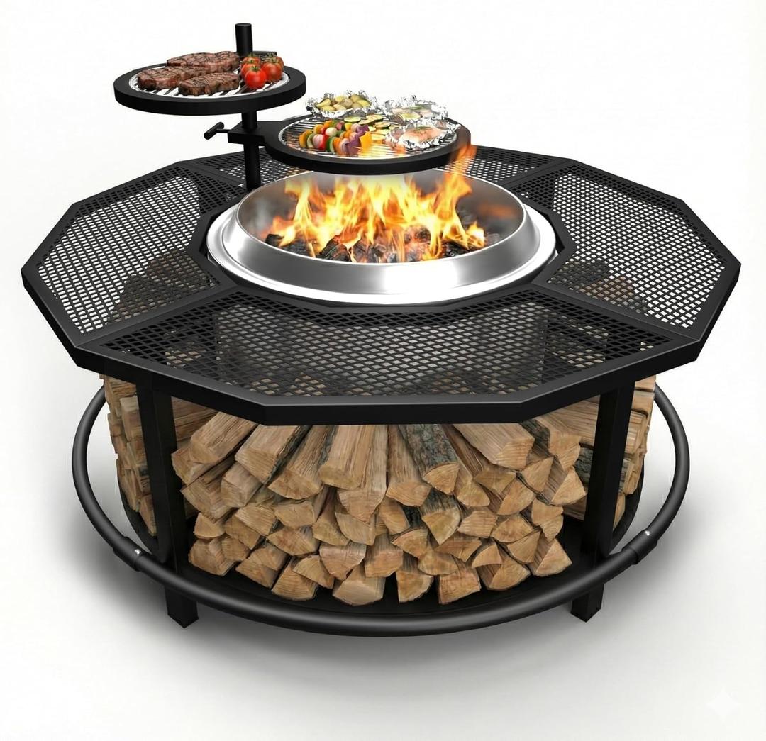 40'' Fire Pit Surround Tabletop for Solo Stove Bonfire 1.0&2.0 and Ranger 1.0&2.0,21 inch Inner Diameter,Surround Table with 2 Grill Grates,with Firewood Storage Shelf Expands Large Space