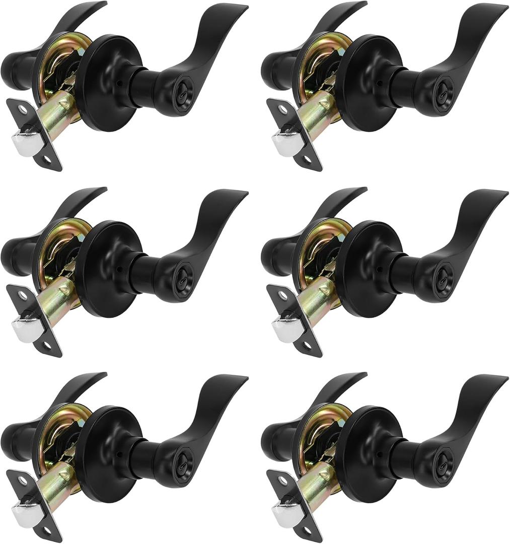 Privacy Door Lever Heavy Duty, 6 Pack Matte Black Left/Right Door Handles Reversible Wave Style Keyless Handing Lever, Bathroom and Rooms Privacy Door Lock