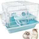 PINVNBY Dwarf Hamster Cage, Small Animal Cages, 2-Tier Travel Portable Mouse Cage Hamster Carrier with Castle House Running Exercise Wheels, Water Bottle and Food DisBlue (13.78*10.23*11.02 in)