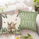 Happy Easter Bunny Pillow Covers Cross Hydrangeas Flower 18 x 18 Inch Throw Pillows, Spring Anniversary Celebration Seasonal Decorative Farmhouse Cushion Case for Sofa Couch Set of 4