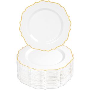 100 PCS Gold Dessert Plastic - 7.5 inch White & Gold Plastic for Party Cake Plates Elegant Heavy Duty Disposable Plates for Wedding & Party