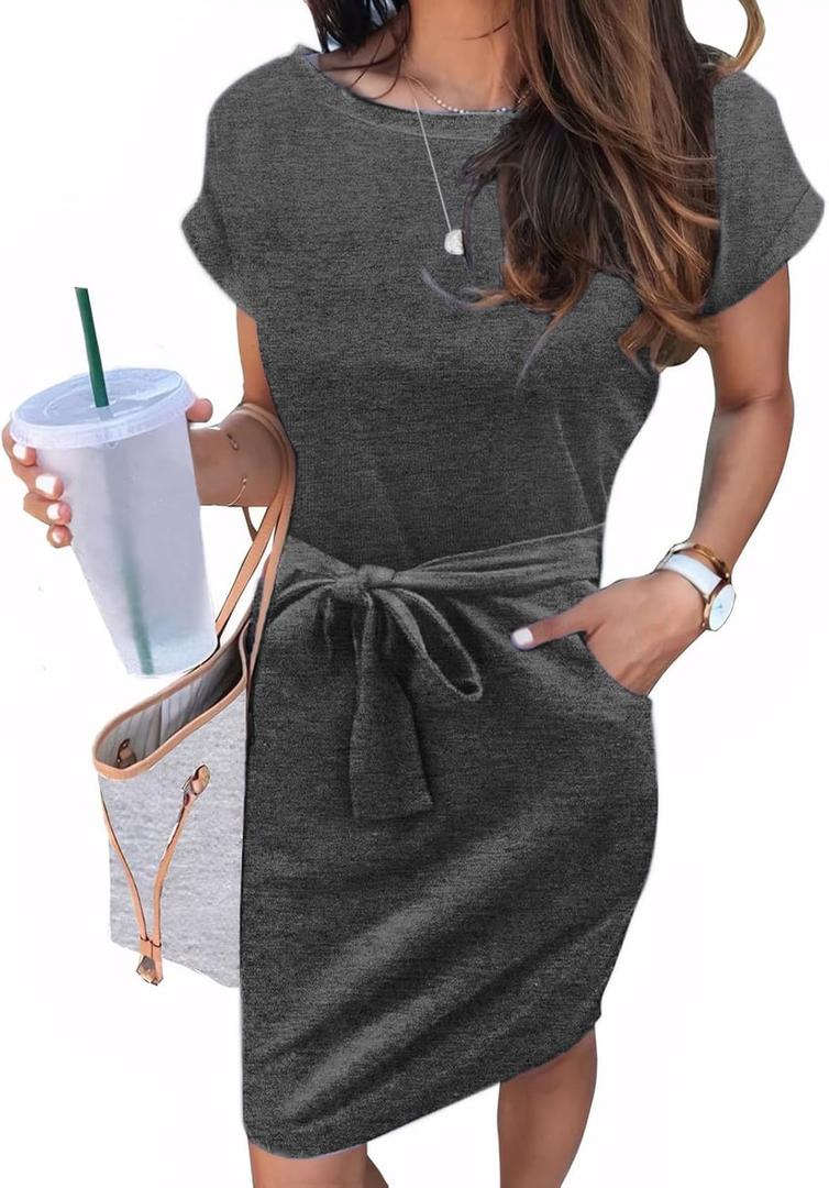 Arolina Womens Summer Short Sleeve Striped T Shirt Dress Casual Midi Dresses Crewneck Tie Waist with Pockets (XX-Large, Dark Grey)