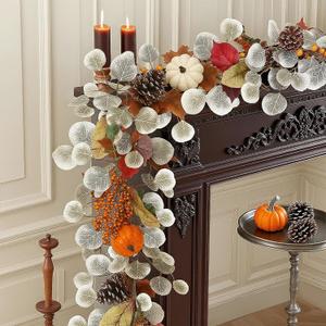 Joyhalo Fall Leaves Garland for Mantle, 6ft Greenery Leaf Garland with Pumpkins and Fall Eucalyptus for Table,Mantle,Fireplace,Autumn and Thanksgiving Decor