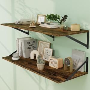 Fun Memories Floating Shelves for Wall, 12 Inch Deep Floating Shelves Set of 2, 36W x 12D Large Wall Shelf with Sturdy Metal Brackets for Living Room, Bathroom, Bedroom and Kitchen, Rustic Brown
