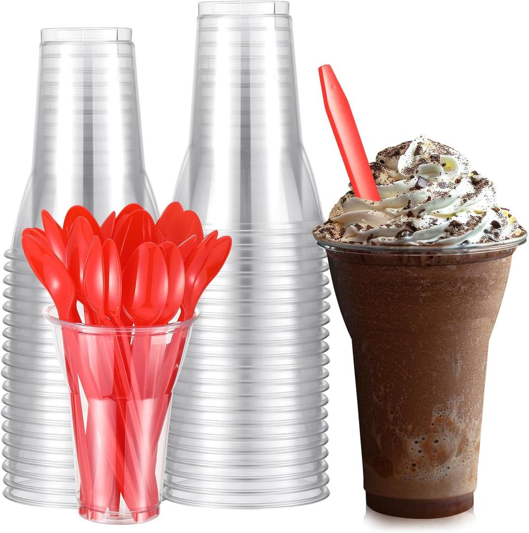 Baderke 50 Set Plastic Parfait Cups with Red Classic Dessert Spoons Root Beer Float Cups Disposable Clear Milkshake Glasses Christmas Crystal Sundae Mugs for Yogurt Ice Cream Soda Party Drinks