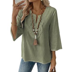 EVALESS Boho Tops for Women Blouses Dressy Casual V Neck 3/4 Sleeve Shirts Spring Outfits Trendy Vacation Clothes (Green, M)