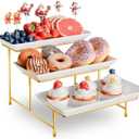 3 Tier Plastic Serving Tray for Party, 11.5" x 5.6" Platters for Serving Food, Microwave-Safe, White Reusable Trays with Black Metal Display Stand for Cupcakes, Dessert, Fruit, Cookie, Gold (11.8" x 5.7")